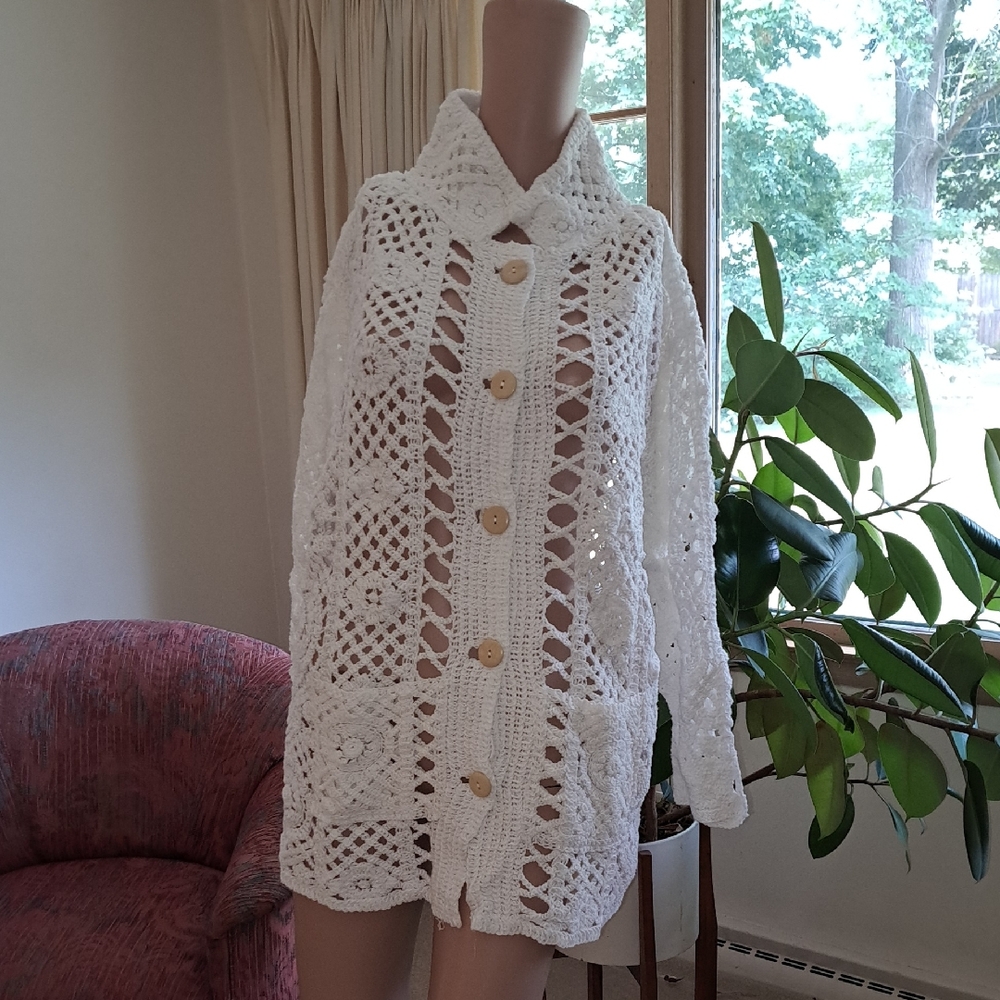 AZWhite Crochet Button-Up Cardigan